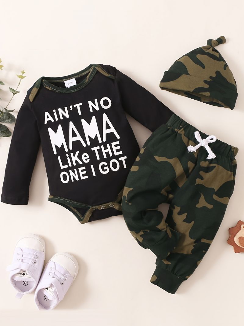 Pojkar Slogantryck Långärmad Romper Jumpsuit + Camo Byxor + Hatset Bebiskläder