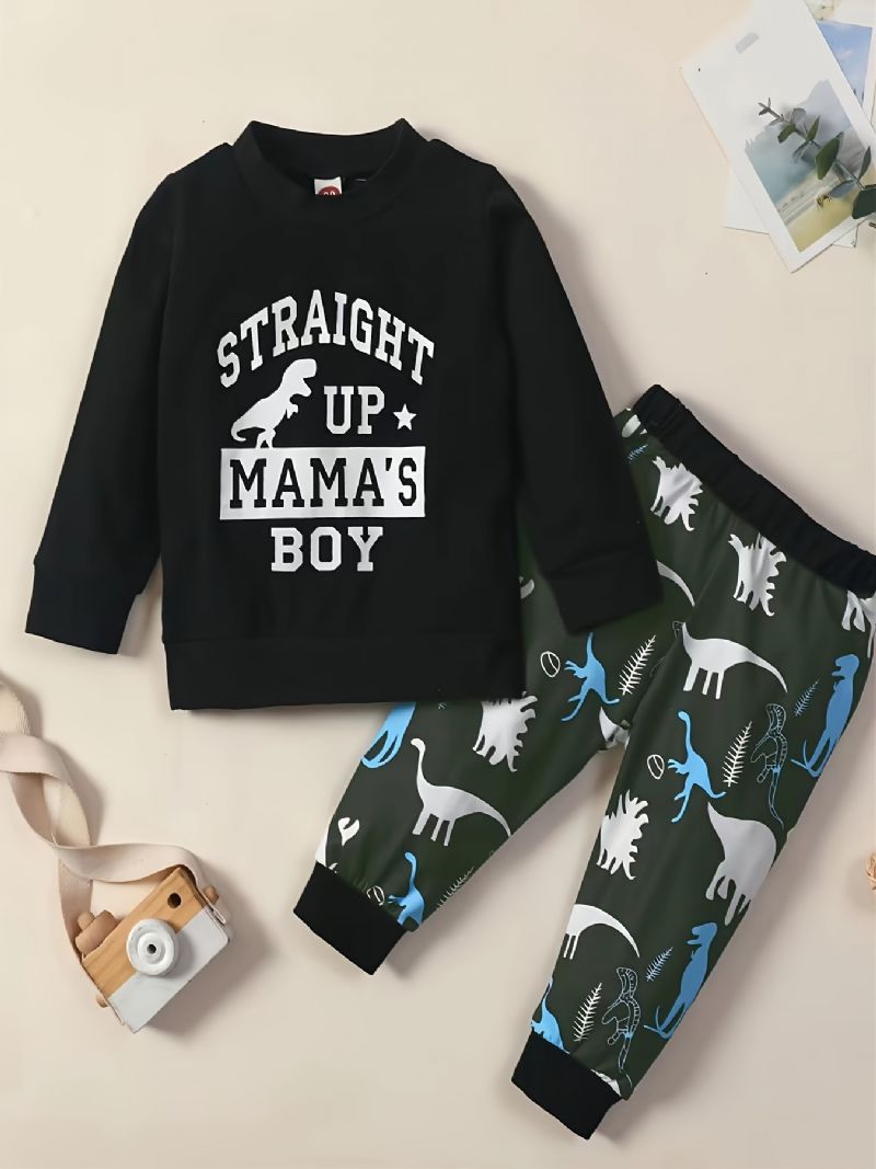 Pojkar Straight Up Mama's Sweatshirt Med Dinosaurietryck & Byxuppsättning Bebis Barn Kläder