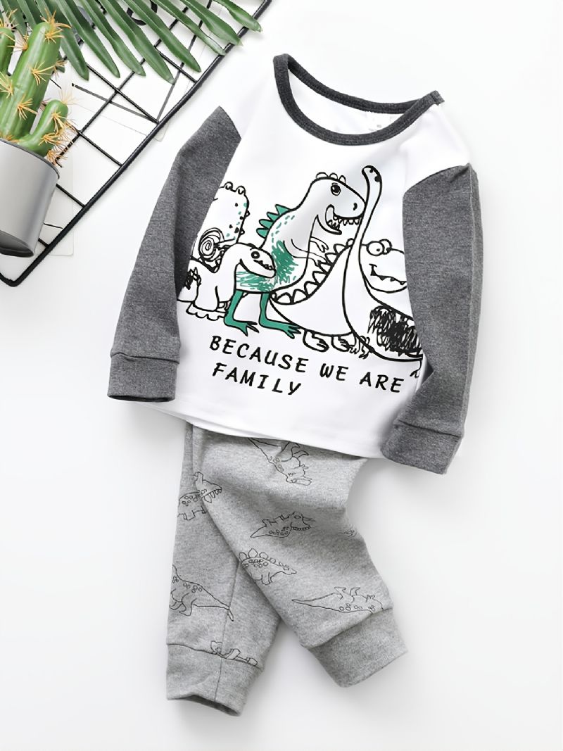 Pojkar Tryckt Dinosaur Colorblock Randig Crew Neck Långärmade Byxor Set Höst Vinter