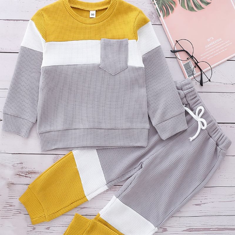 Pojkar Waffle Stickad Color Block Sweatshirt + Byxa Set Barnkläder