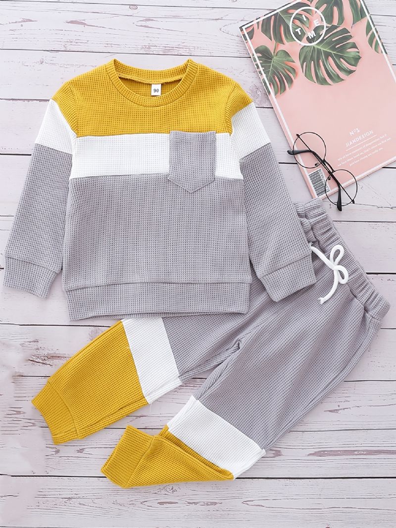 Pojkar Waffle Stickad Color Block Sweatshirt + Byxa Set Barnkläder