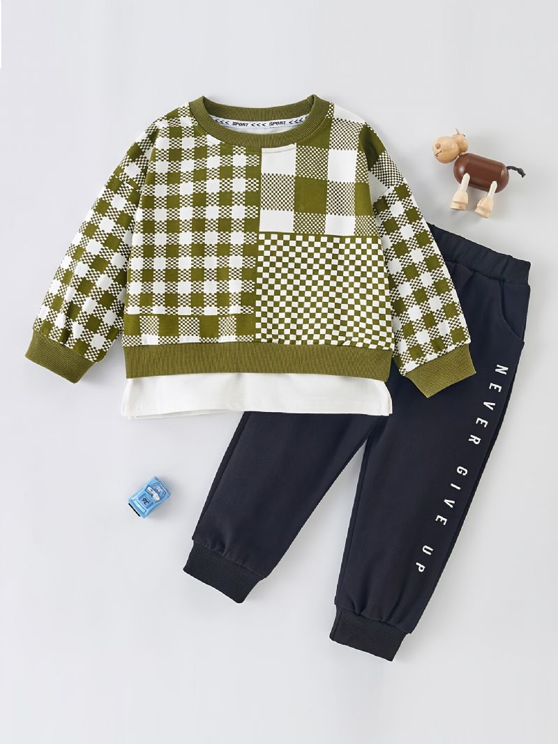 Pojke Rutig Patchwork Pullover Top + Byxa Set Bebiskläder