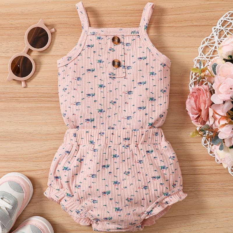 Ribbade Flickor Ditsy Blommiga Ärmlös Romper Bodysuit + Volanger Trim Shorts Set Bebiskläder