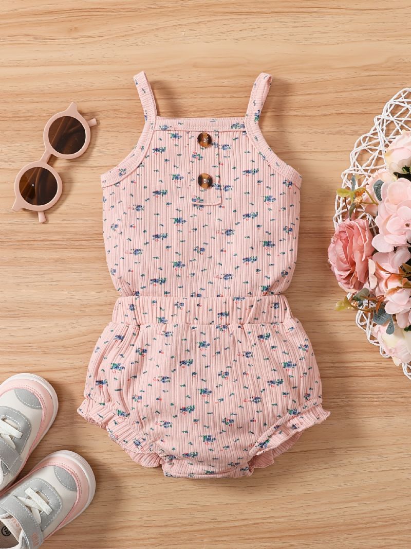 Ribbade Flickor Ditsy Blommiga Ärmlös Romper Bodysuit + Volanger Trim Shorts Set Bebiskläder