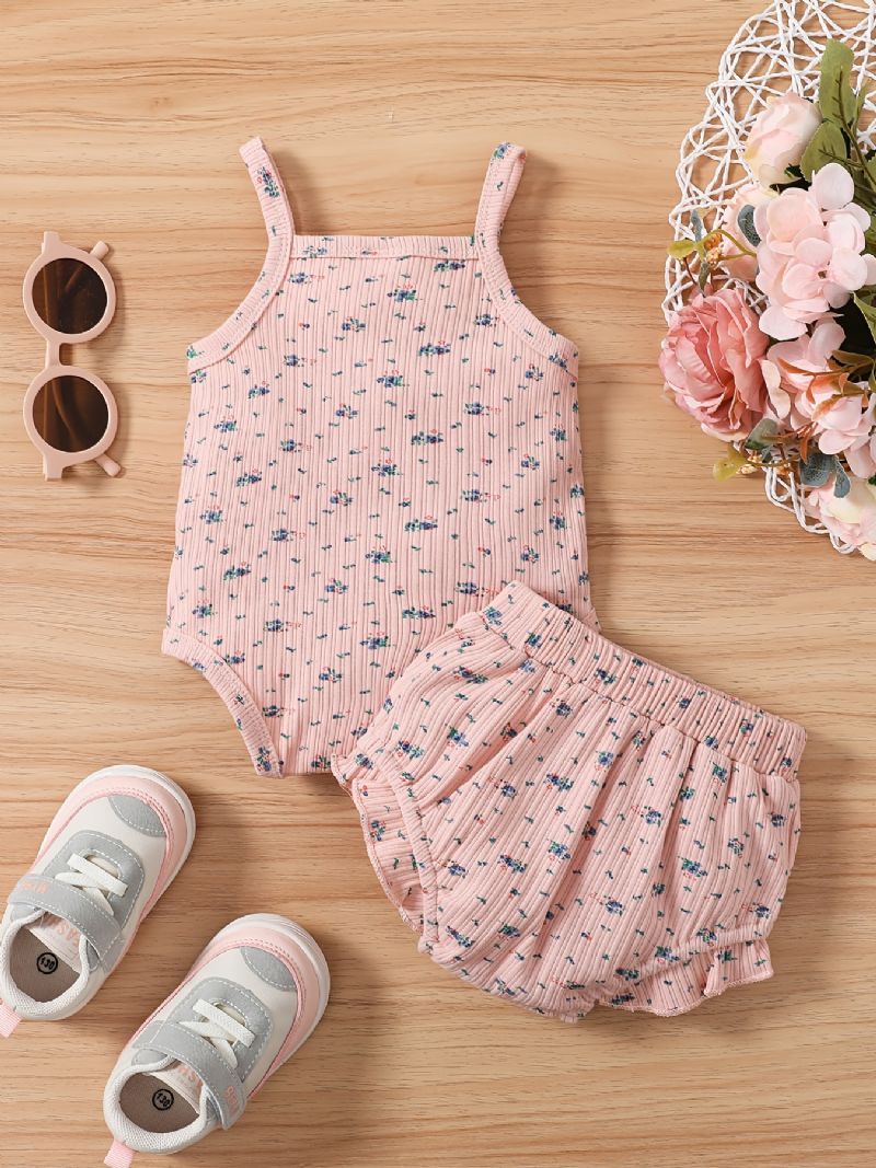 Ribbade Flickor Ditsy Blommiga Ärmlös Romper Bodysuit + Volanger Trim Shorts Set Bebiskläder