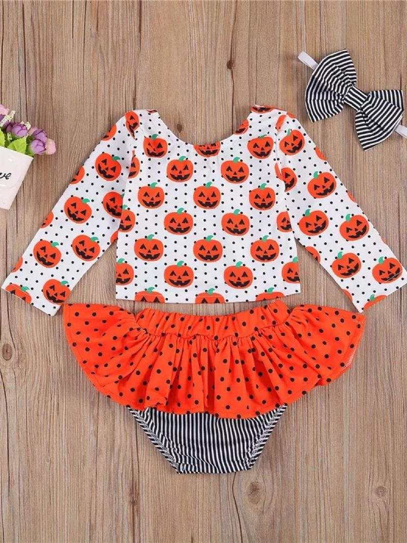 Småbarn Bebis Flicka Halloween Kläder Pumpa Romper Topp Döskalle Volang T-shirt Spökrandig Tutu Kjol Outfit Set