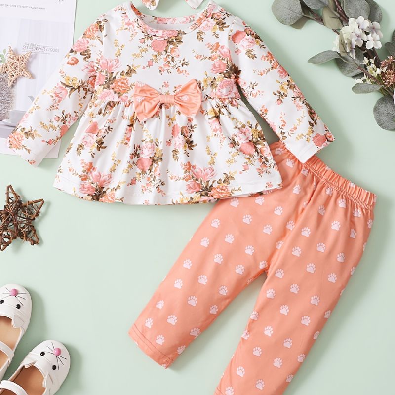 Småbarn Spädbarn Bebis Flickor Långärmad Blommig Top Printed Byxor + Pannband Kläder Set Outfits