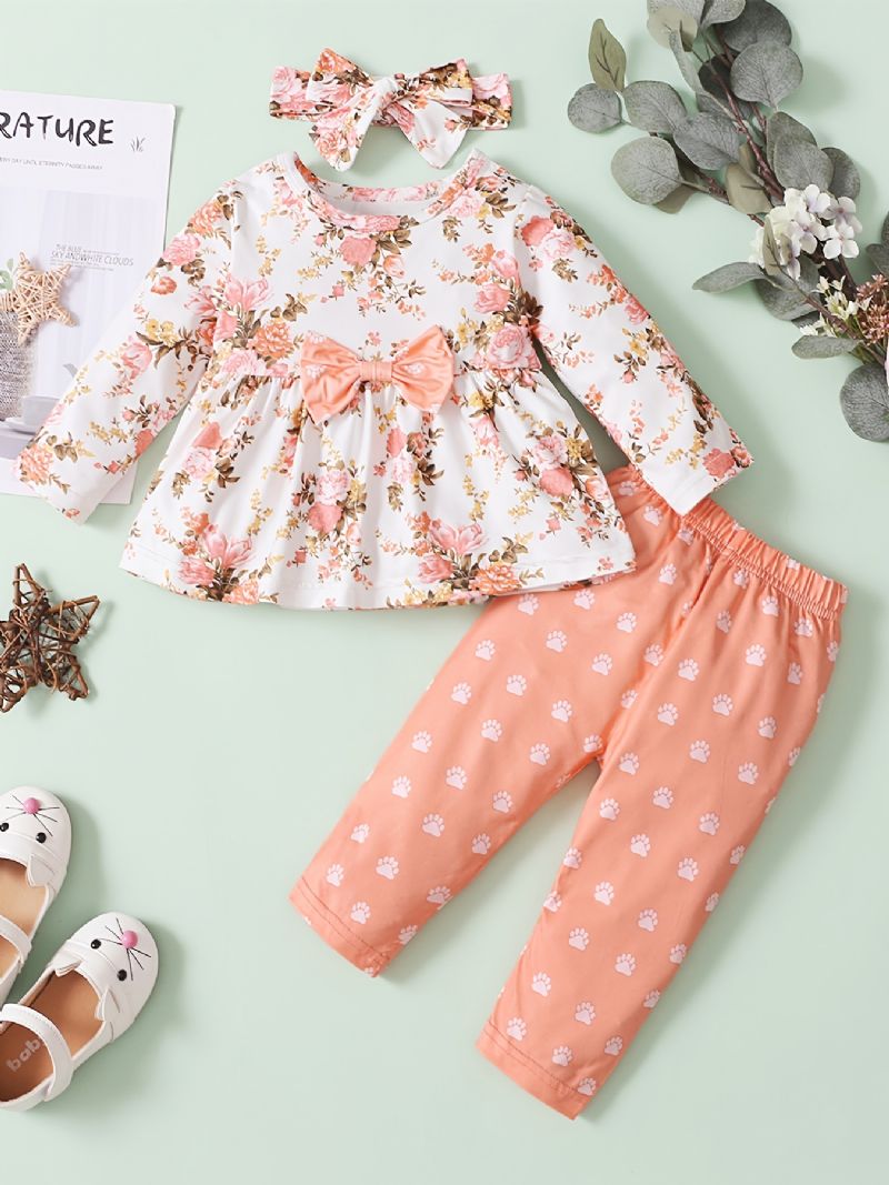 Småbarn Spädbarn Bebis Flickor Långärmad Blommig Top Printed Byxor + Pannband Kläder Set Outfits