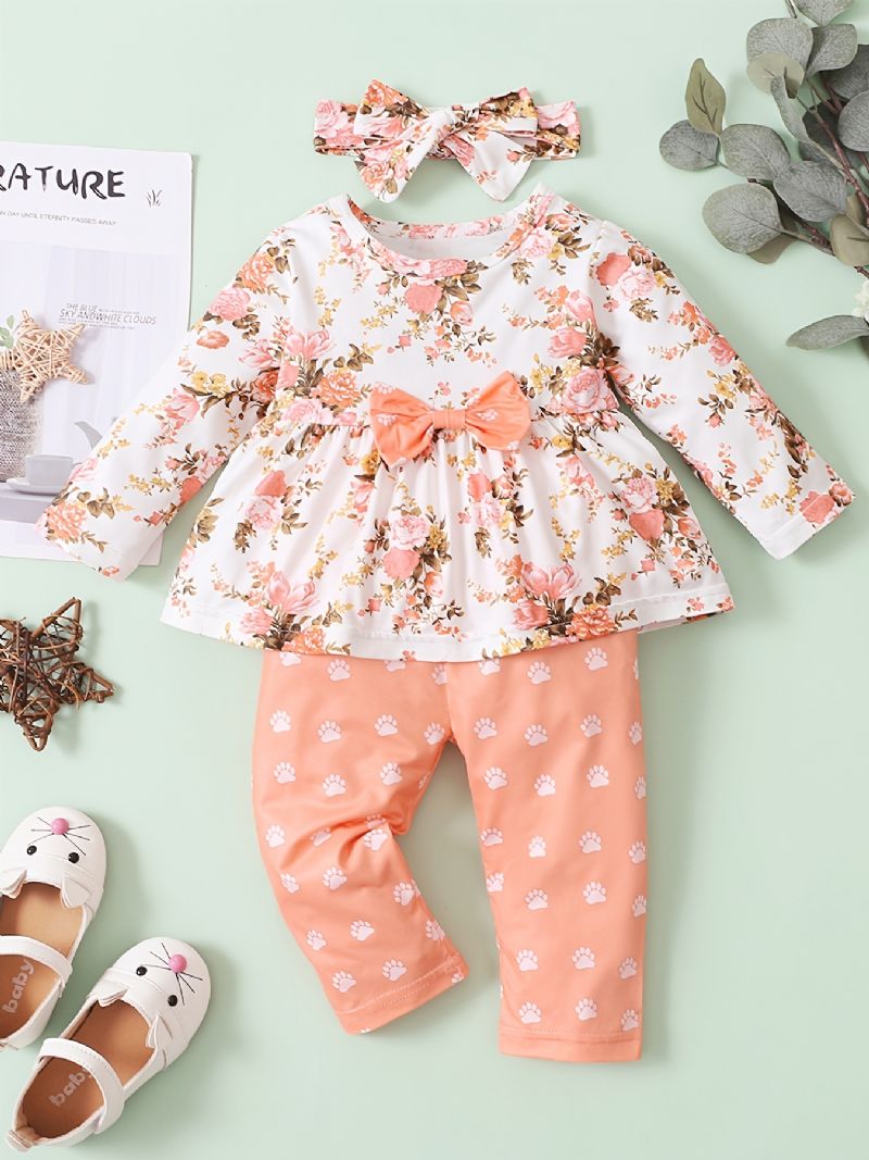 Småbarn Spädbarn Bebis Flickor Långärmad Blommig Top Printed Byxor + Pannband Kläder Set Outfits