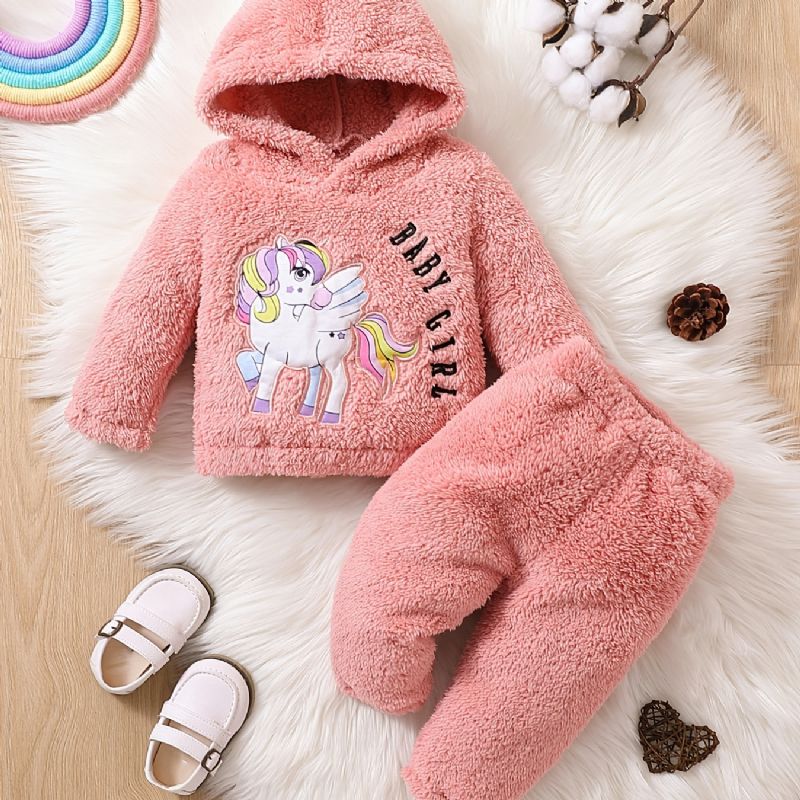 Tjejer Fleece Unicorn Broderad Pullover Hoodie + Byxa Set Bebiskläder För Vintern