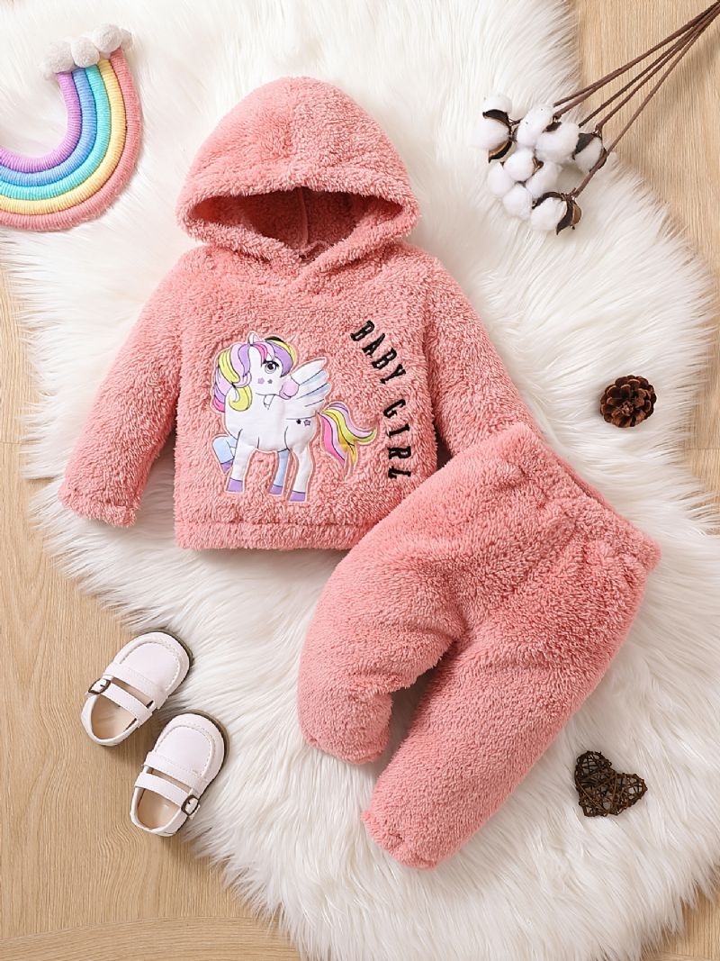 Tjejer Fleece Unicorn Broderad Pullover Hoodie + Byxa Set Bebiskläder För Vintern