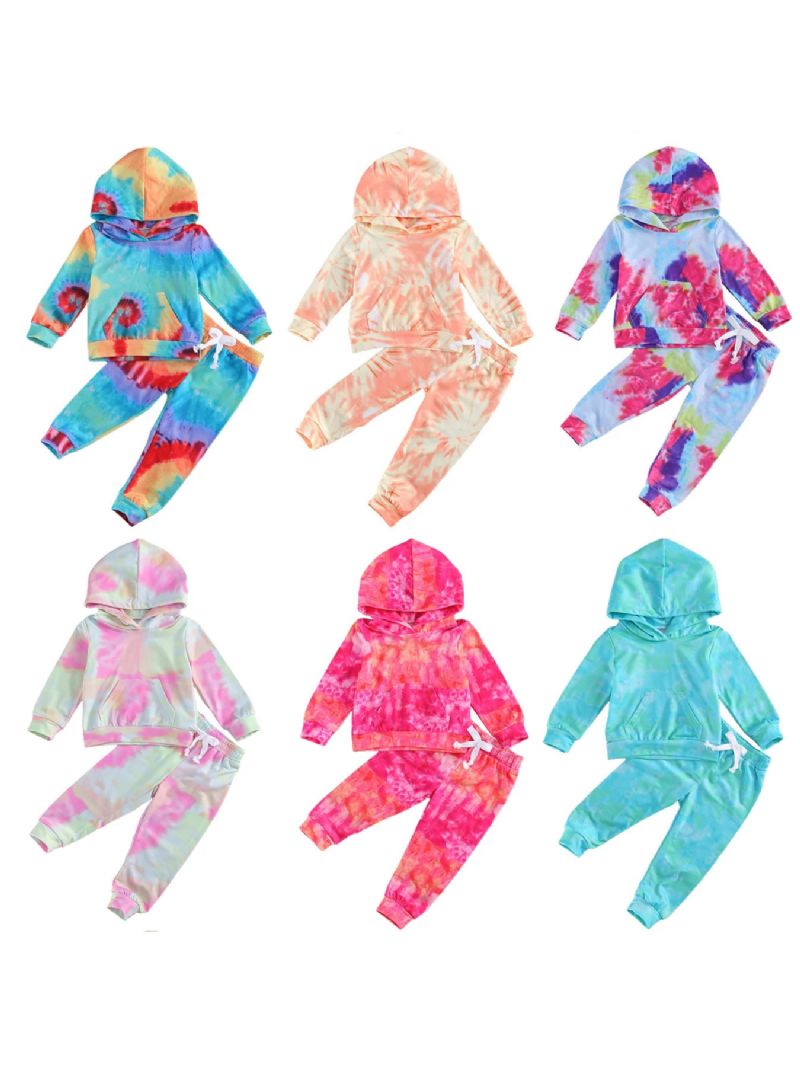 Tjejer Tie Dye Print Hooded Långärmad Huvtröja & Byxa Set Småbarnskläder Set