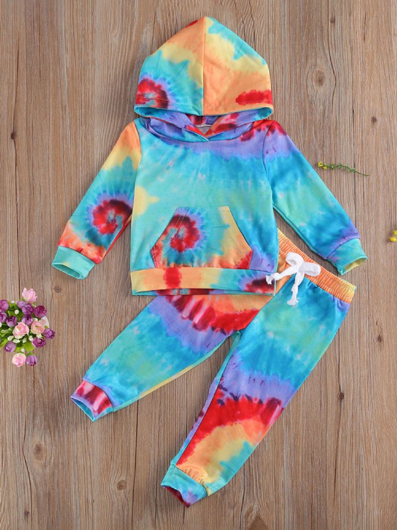 Tjejer Tie Dye Print Hooded Långärmad Huvtröja & Byxa Set Småbarnskläder Set