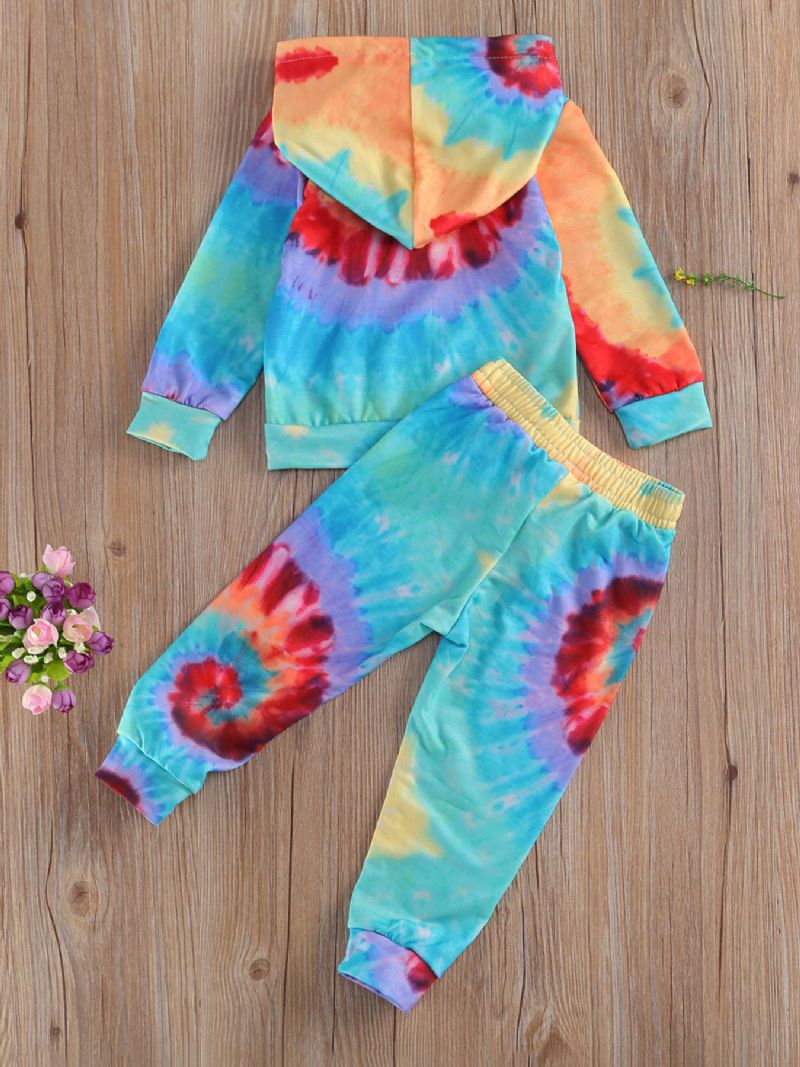 Tjejer Tie Dye Print Hooded Långärmad Huvtröja & Byxa Set Småbarnskläder Set