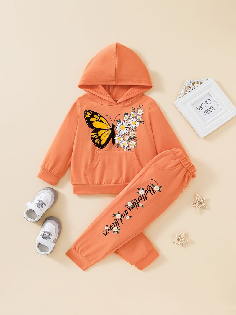 Tjejkostym Vinter Casual Butterfly Flower Print Luvtröja Huvtröja & Byxor Set Barnkläder