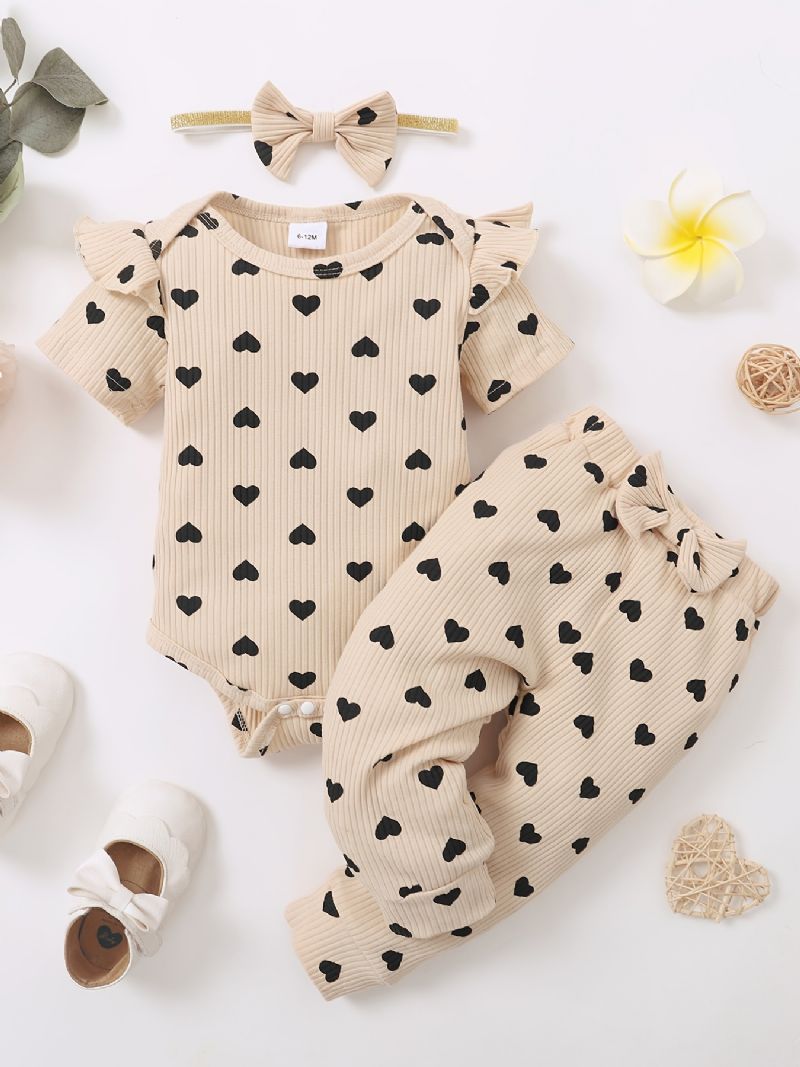 Toddler Bebis Flickor Heart Print Bodysuit + Byx Set + Pannband Onesie Bebiskläder