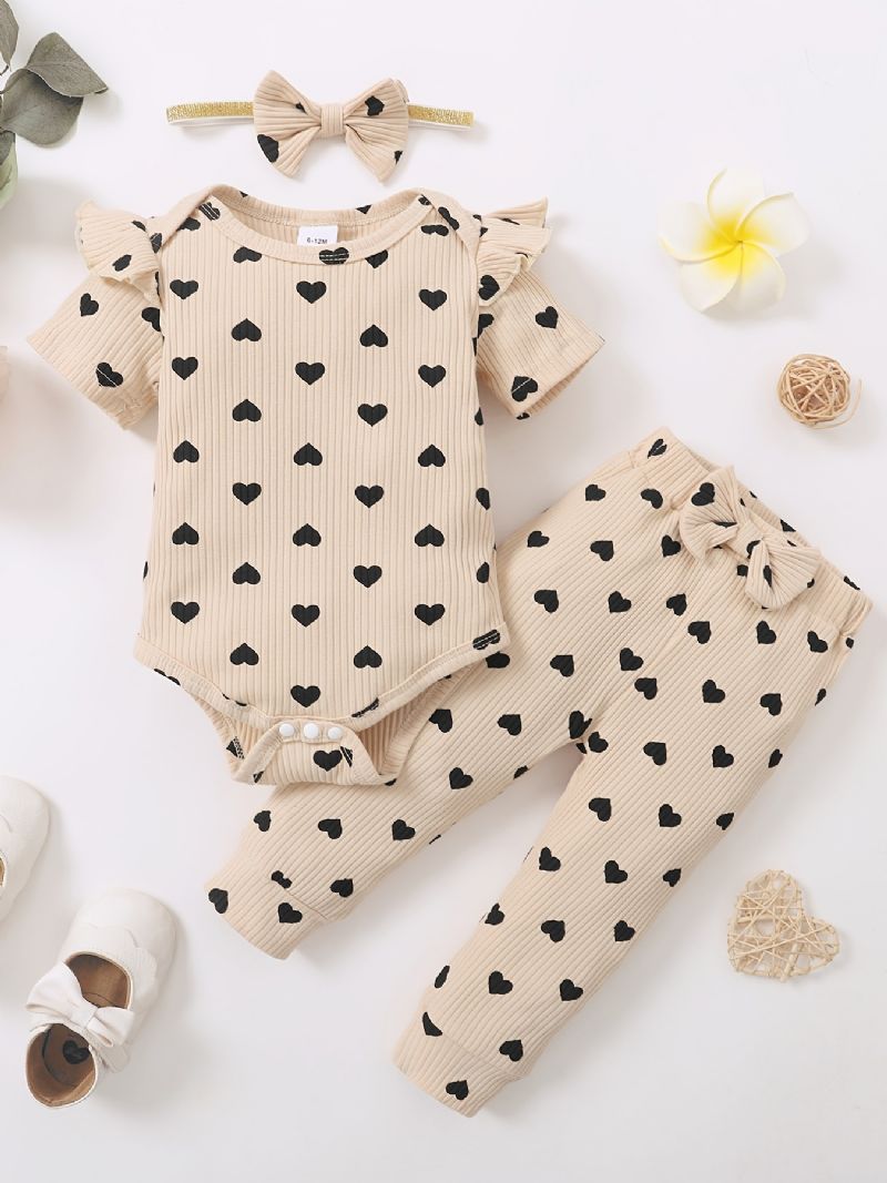 Toddler Bebis Flickor Heart Print Bodysuit + Byx Set + Pannband Onesie Bebiskläder