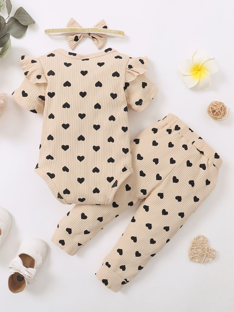 Toddler Bebis Flickor Heart Print Bodysuit + Byx Set + Pannband Onesie Bebiskläder