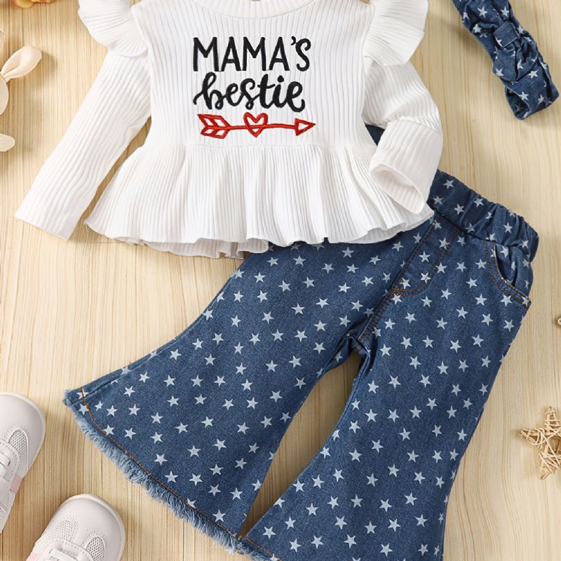 Toddler Bebis Flickor White Letter Print Top + Star Mönster Utsvängda Jeansbyxor