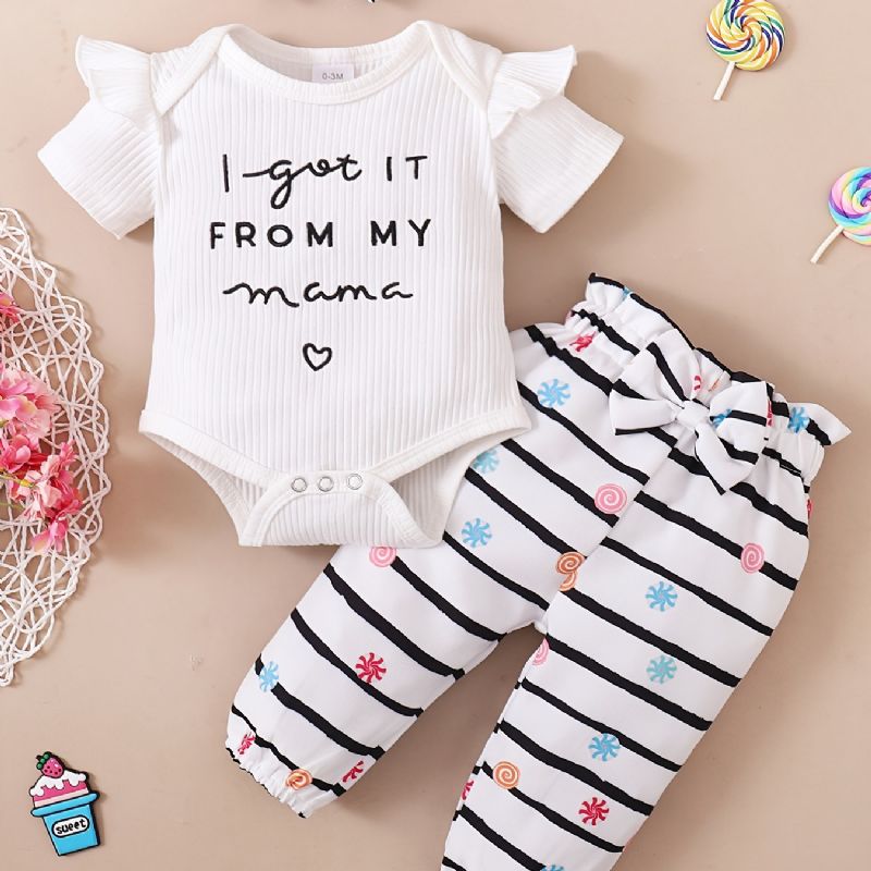 Toddler Bebis Letter Print Bodysuit Rompers Med Rosett Pannband För Flickor