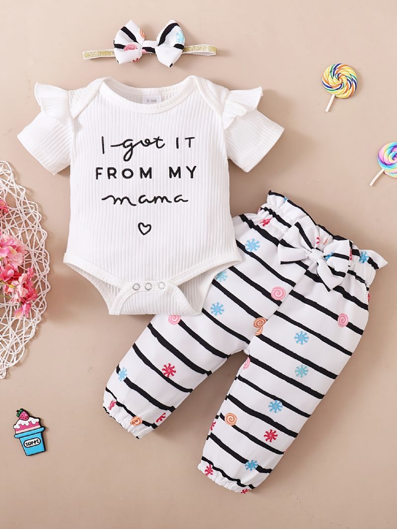 Toddler Bebis Letter Print Bodysuit Rompers Med Rosett Pannband För Flickor