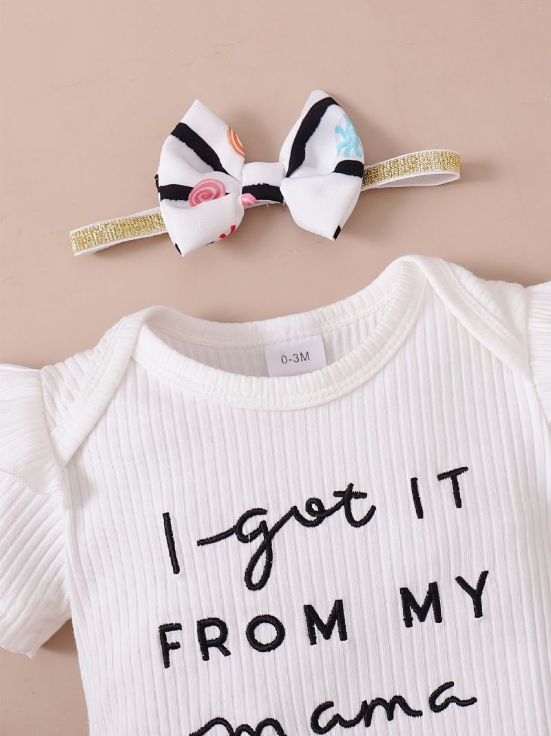 Toddler Bebis Letter Print Bodysuit Rompers Med Rosett Pannband För Flickor