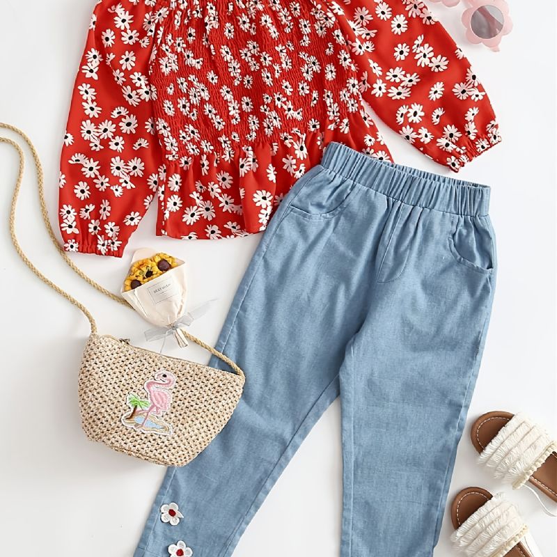 Toddler Flickor Daisy Shirred Peplum Top & Appliques Jeans Set