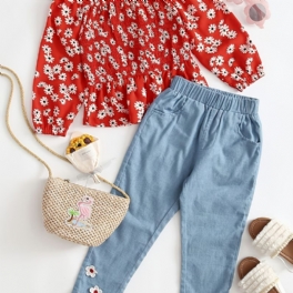 Toddler Flickor Daisy Shirred Peplum Top & Appliques Jeans Set