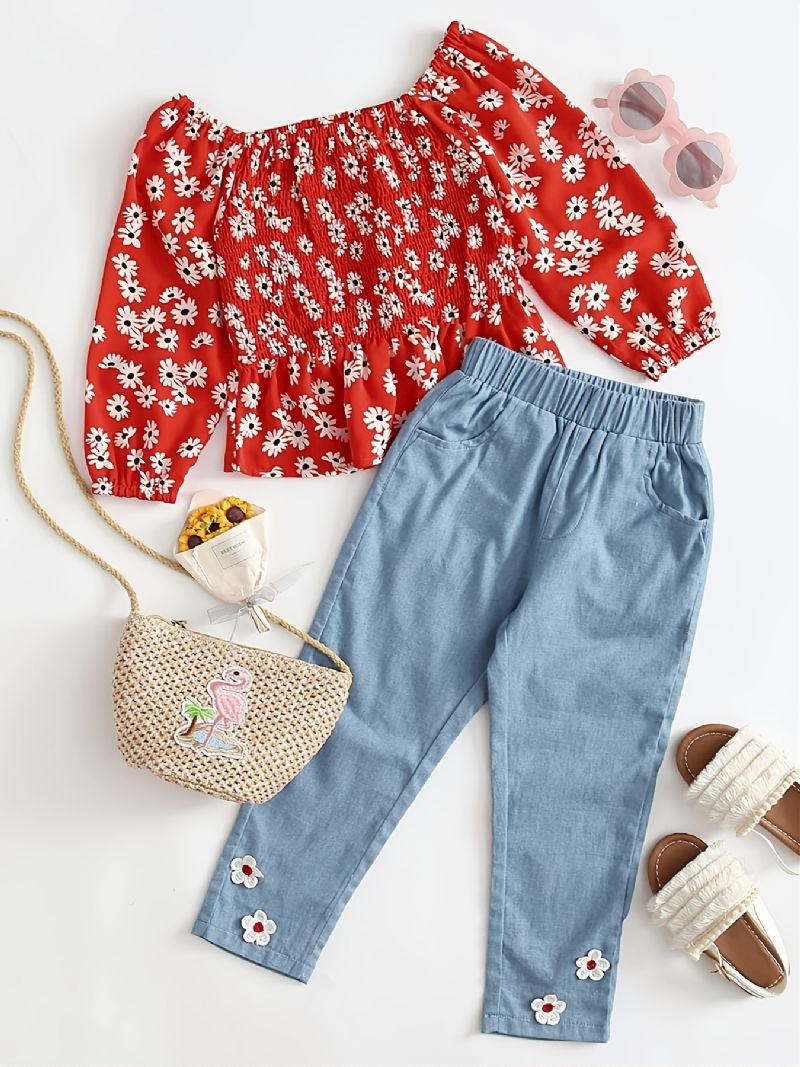 Toddler Flickor Daisy Shirred Peplum Top & Appliques Jeans Set