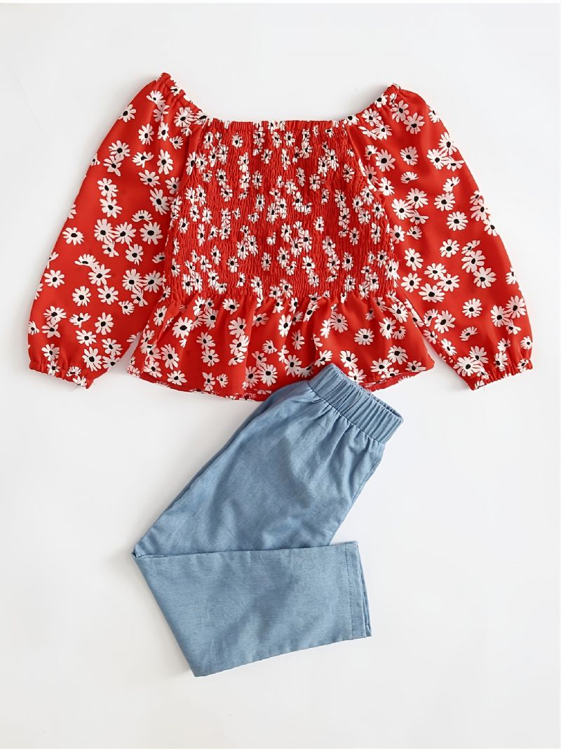 Toddler Flickor Daisy Shirred Peplum Top & Appliques Jeans Set