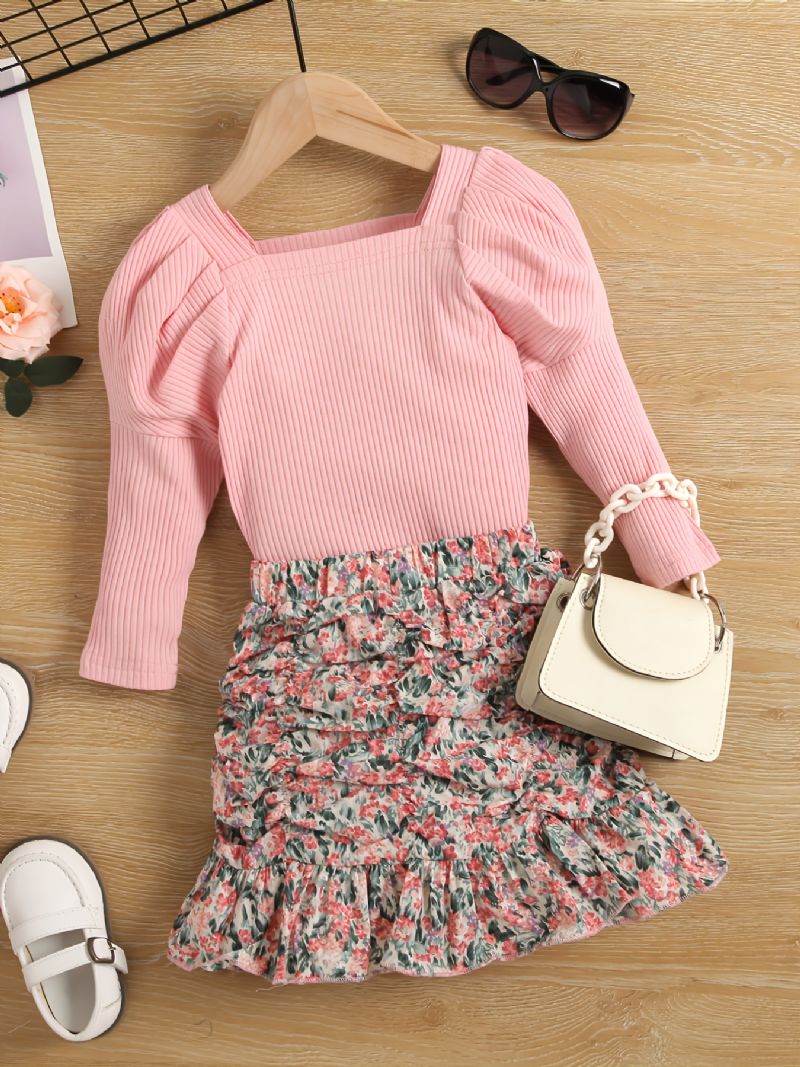 Toddler Flickor Square Neck Top & Ruched Ruffle Hem Kjol Set