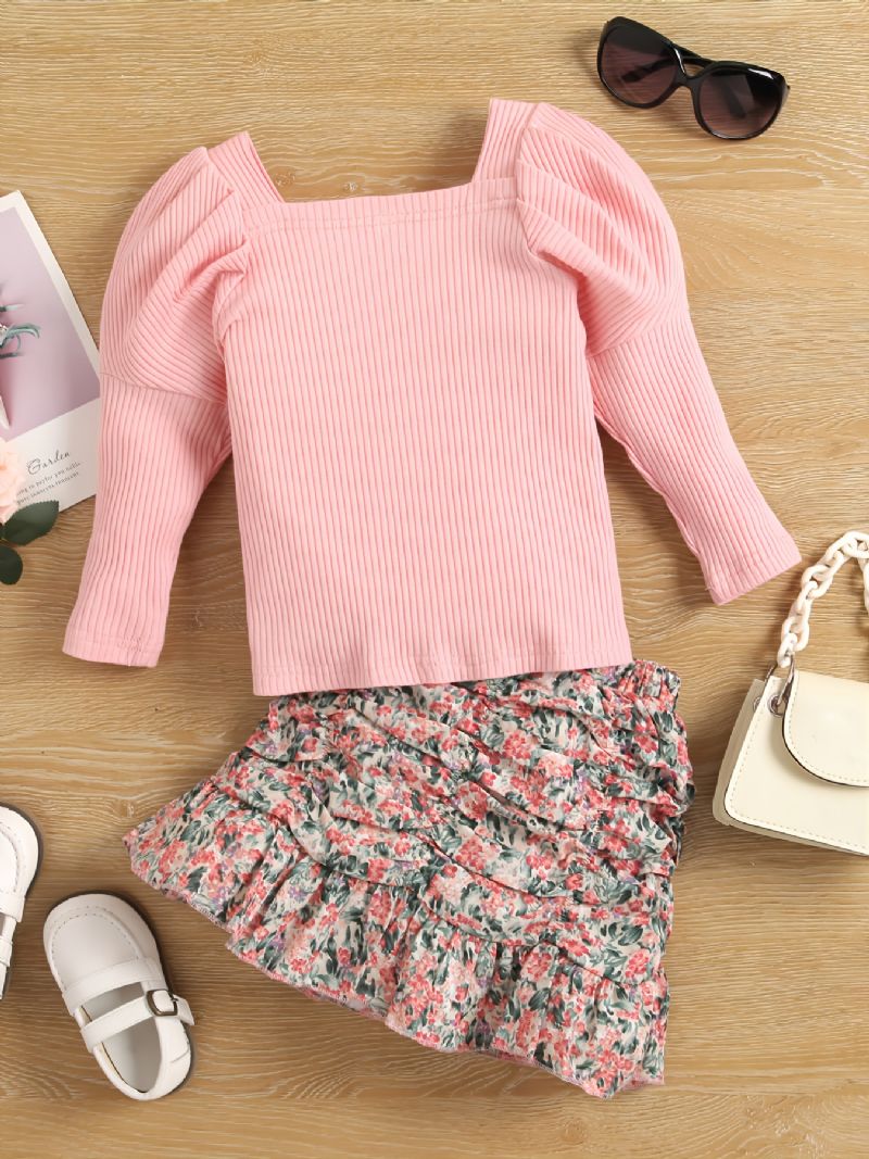 Toddler Flickor Square Neck Top & Ruched Ruffle Hem Kjol Set