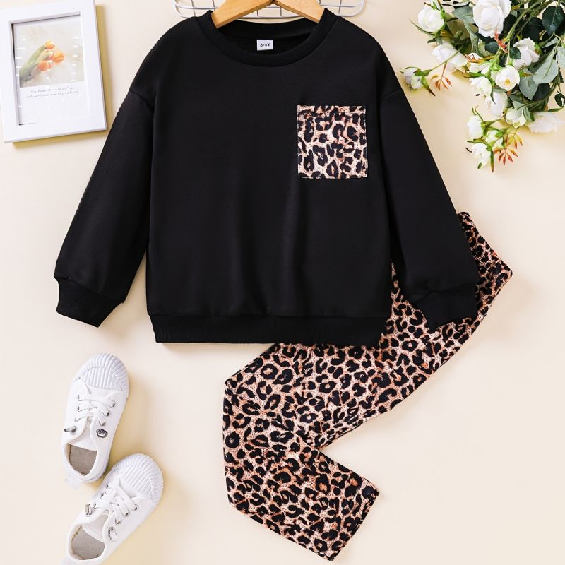 Toddler Flickor Tröja Höst Leopard Print Leggings Svart Kostym