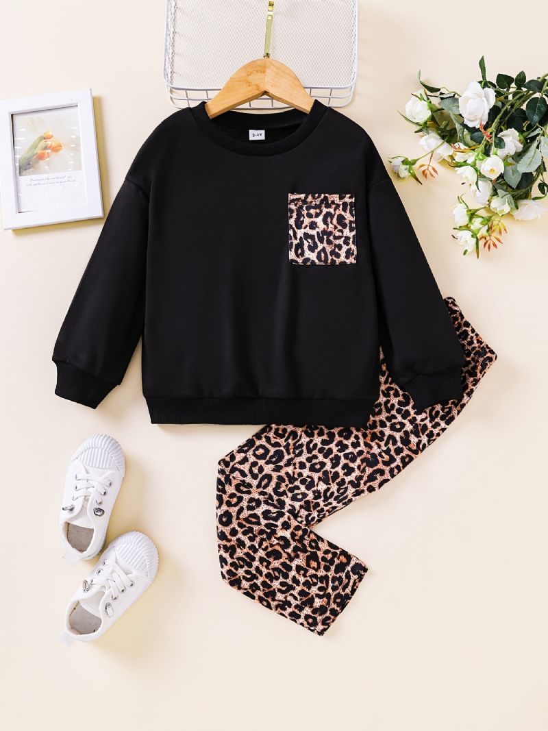 Toddler Flickor Tröja Höst Leopard Print Leggings Svart Kostym