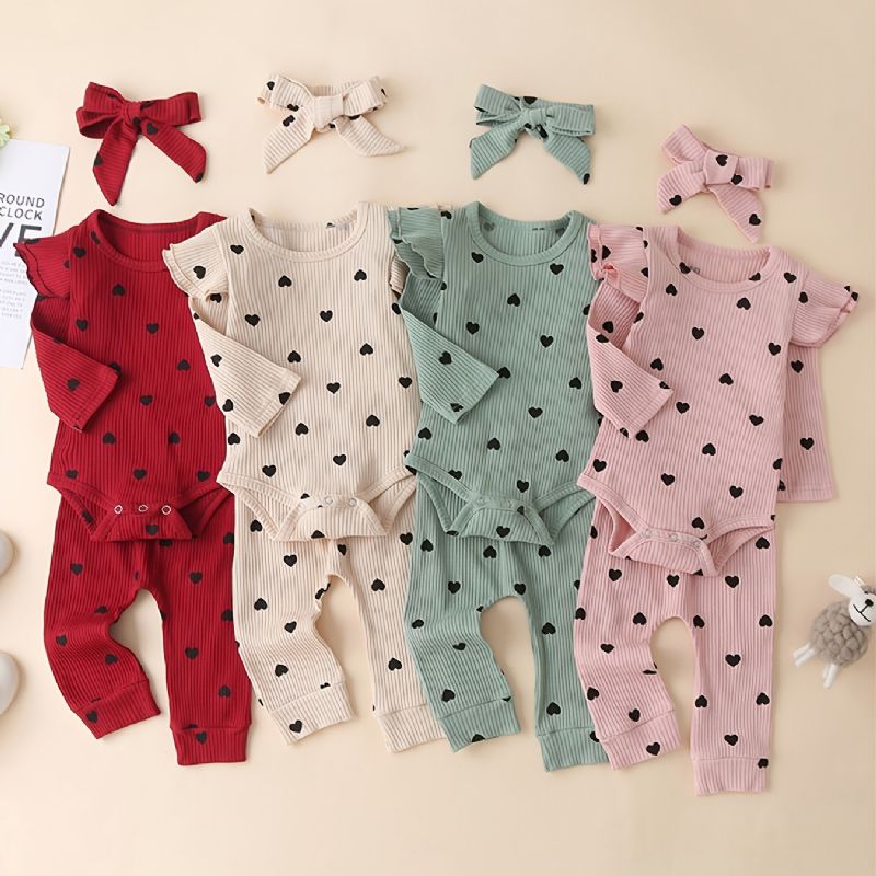 Toddler Newborn Bebis Flickor Långärmad Romper + Byxor + Pannband 3st Set