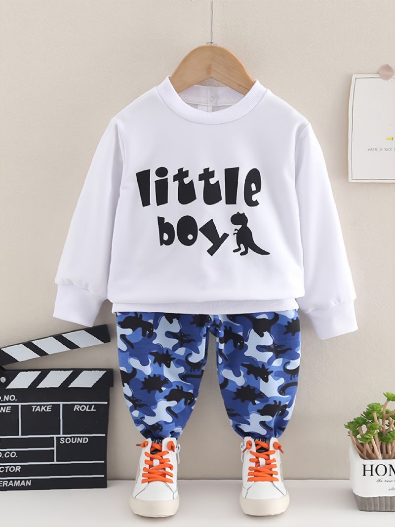 Toddler Pojkar Print Letter Little Sweatshirt Med Rund Hals Kamouflage Byx Set