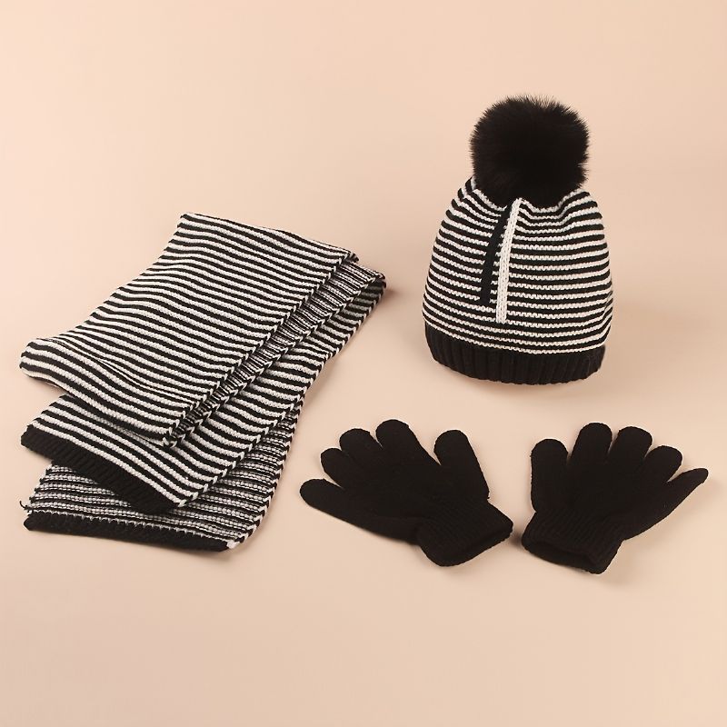 3st Barn Warm Stripe Hatt Scarf Handskar Set Höst Vinter