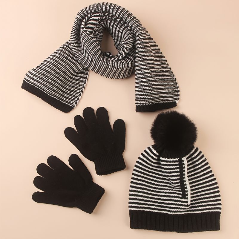 3st Barn Warm Stripe Hatt Scarf Handskar Set Höst Vinter