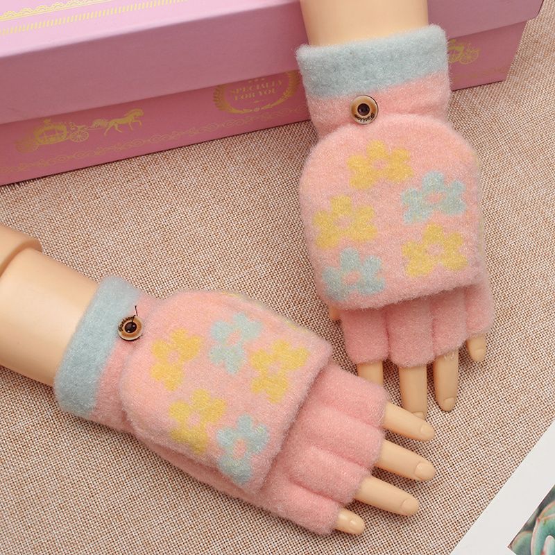 Barn Blommor Flip Top Handskar Varma Vinter Stickade Fingerless Mitten For Flickor