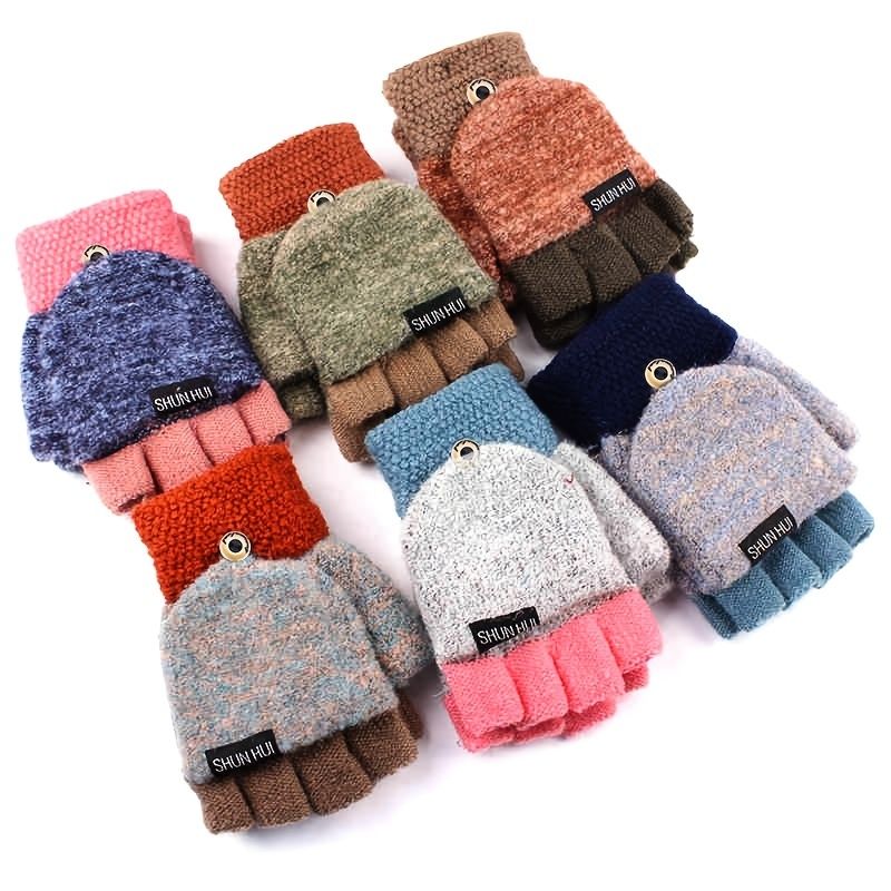 Barn Flip Top Handskar Varma Vinter Stickade Fingerless Mitten For Flickor Pojkar