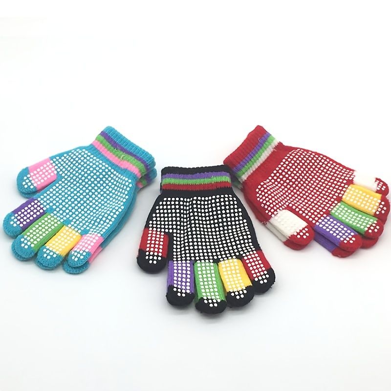 Barn Stretch Color Block Anti-slip Full Fingers Stickad Handske Varm Vinter För Pojkar Flickor