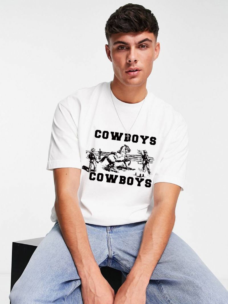 2023 Höst- Och Vinternyhet För Män Casual Mode Vit T-shirt Med Rund Hals Och (cow Pojkar) Tryck