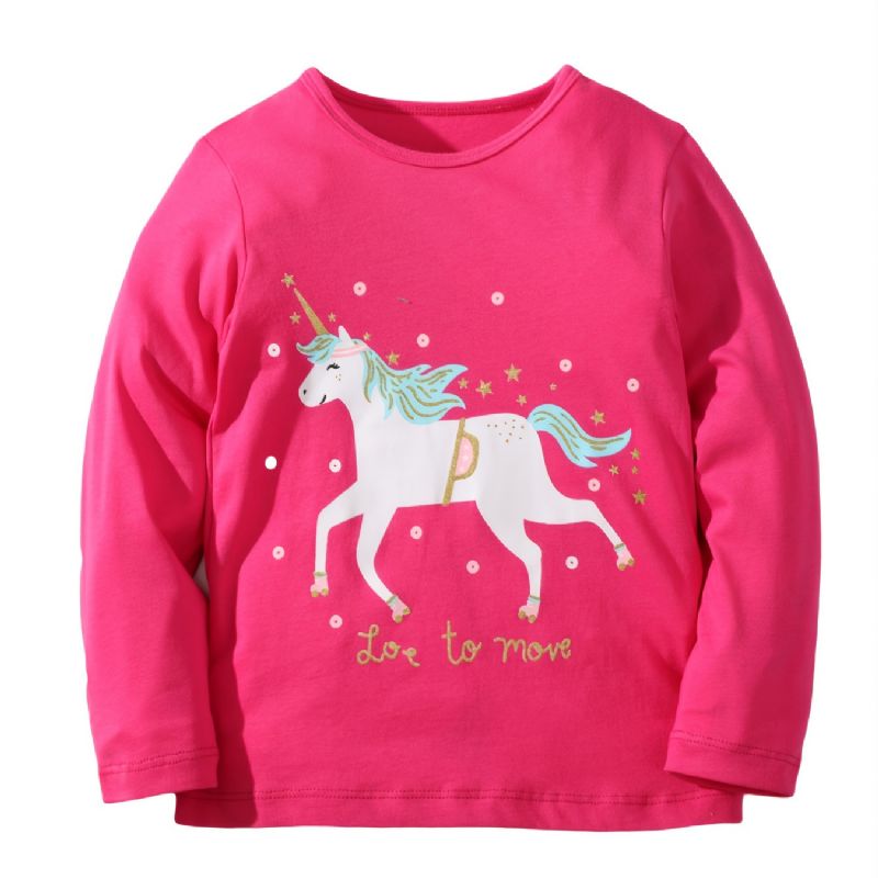 Bebis Flickor Långärmade T-shirts Rund Hals Söt Unicorn Print Toppar Barnkläder