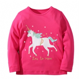 Bebis Flickor Långärmade T-shirts Rund Hals Söt Unicorn Print Toppar Barnkläder