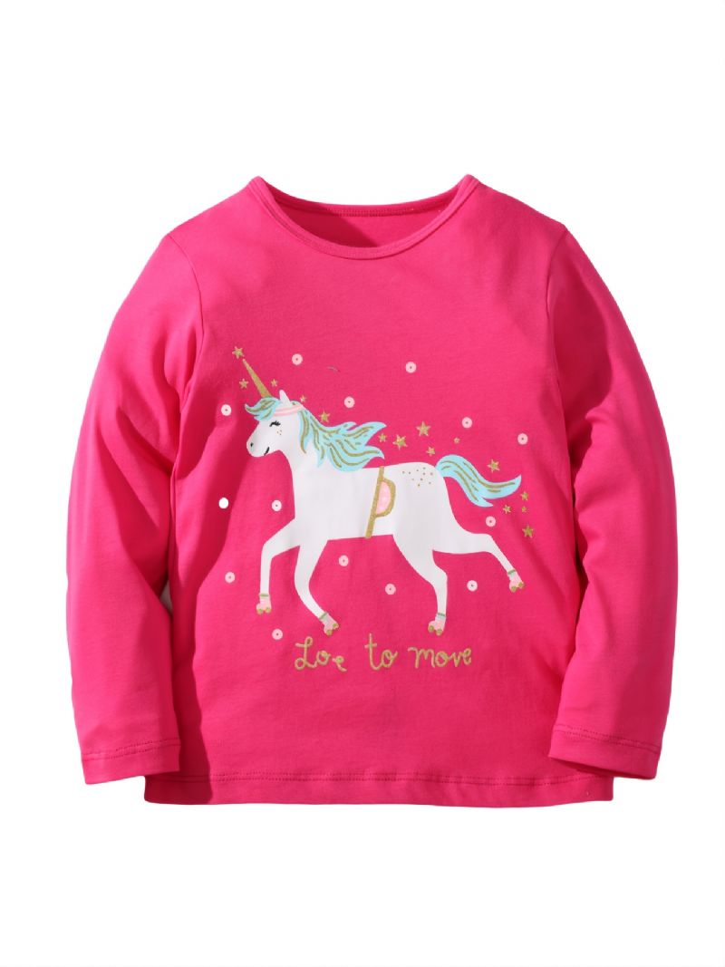 Bebis Flickor Långärmade T-shirts Rund Hals Söt Unicorn Print Toppar Barnkläder