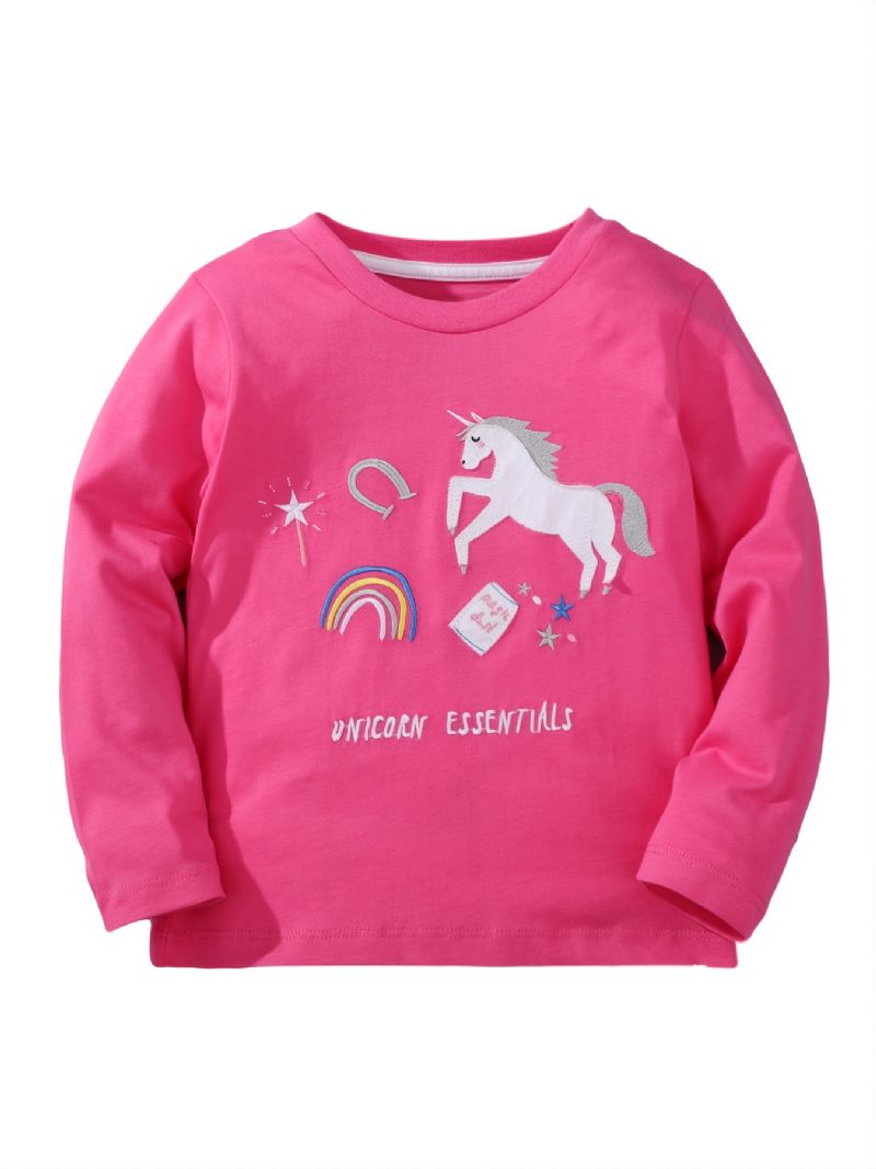 Bebis Flickor Långärmade T-shirts Rund Hals Söt Unicorn Print Toppar Barnkläder