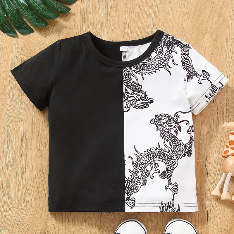 Bebis Pojkar Casual Color Block Dragon Print T-shirt Kortärmad Crew Neck Top Vit Svart