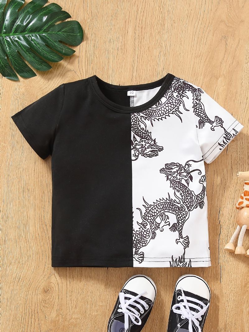 Bebis Pojkar Casual Color Block Dragon Print T-shirt Kortärmad Crew Neck Top Vit Svart