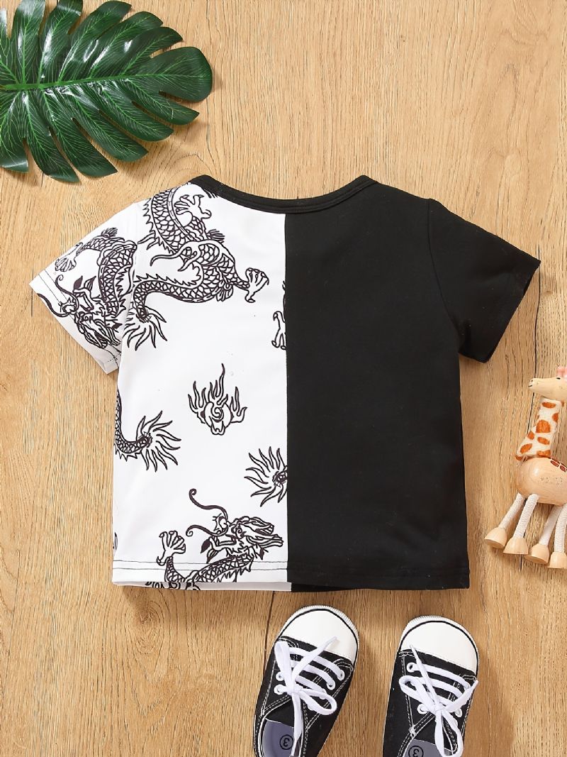 Bebis Pojkar Casual Color Block Dragon Print T-shirt Kortärmad Crew Neck Top Vit Svart