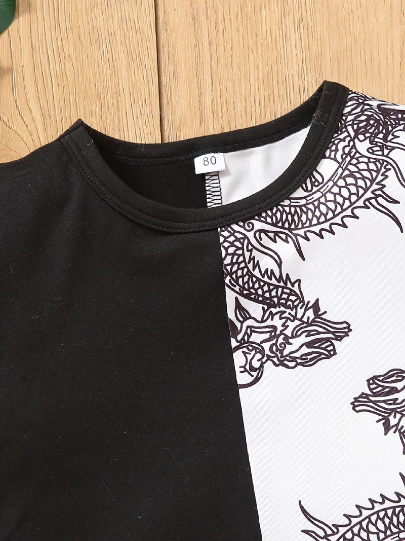 Bebis Pojkar Casual Color Block Dragon Print T-shirt Kortärmad Crew Neck Top Vit Svart